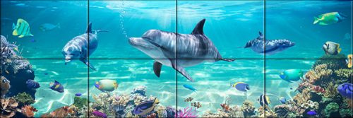Delfines trópusi fürdőszoba csempe színes halakkal és korallzátonnyal